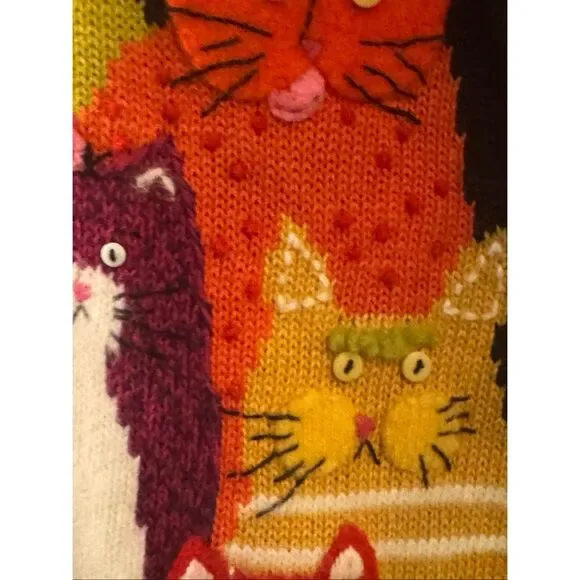 Vintage Susan Bristol Knit Cat Pattern Button Front Cardigan Black Multi XL - Picture 7 of 11